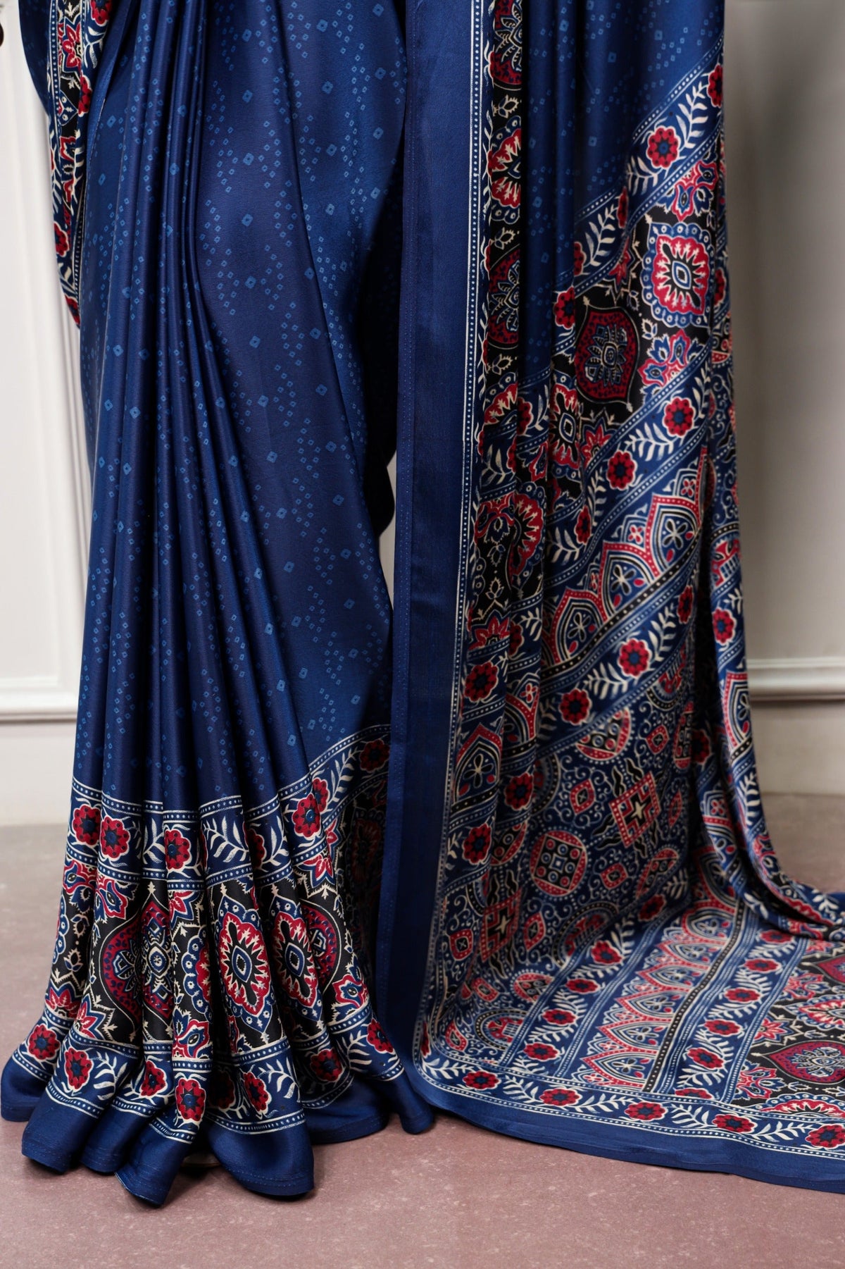 Navy Blue Ajrakh Print Satin Saree
