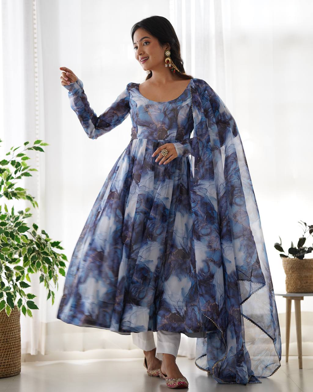 Navy Blue Designer Pure Organza Silk Marble Print Anarkali Set with Dupatta & Pant