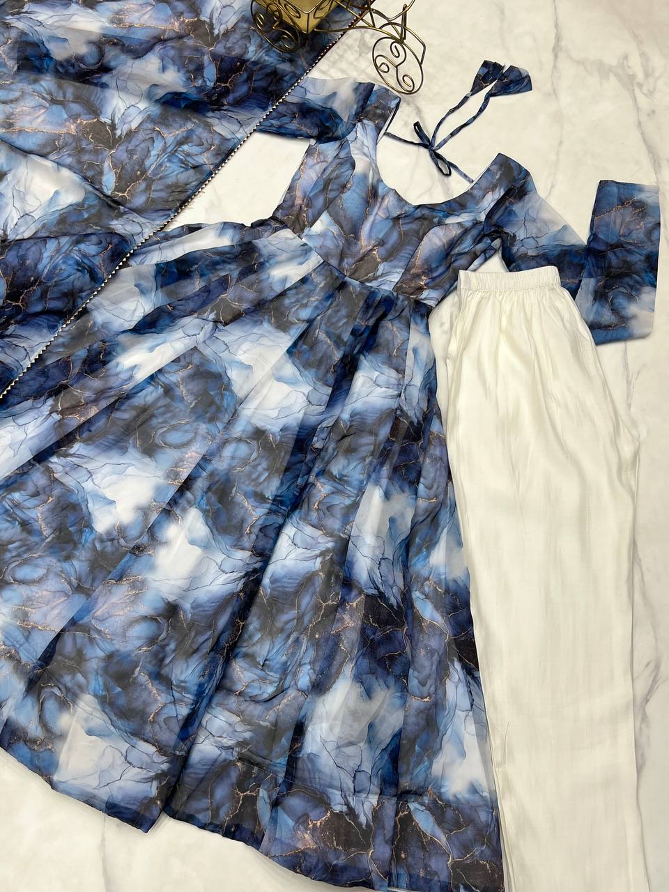 Navy Blue Designer Pure Organza Silk Marble Print Anarkali Set with Dupatta & Pant