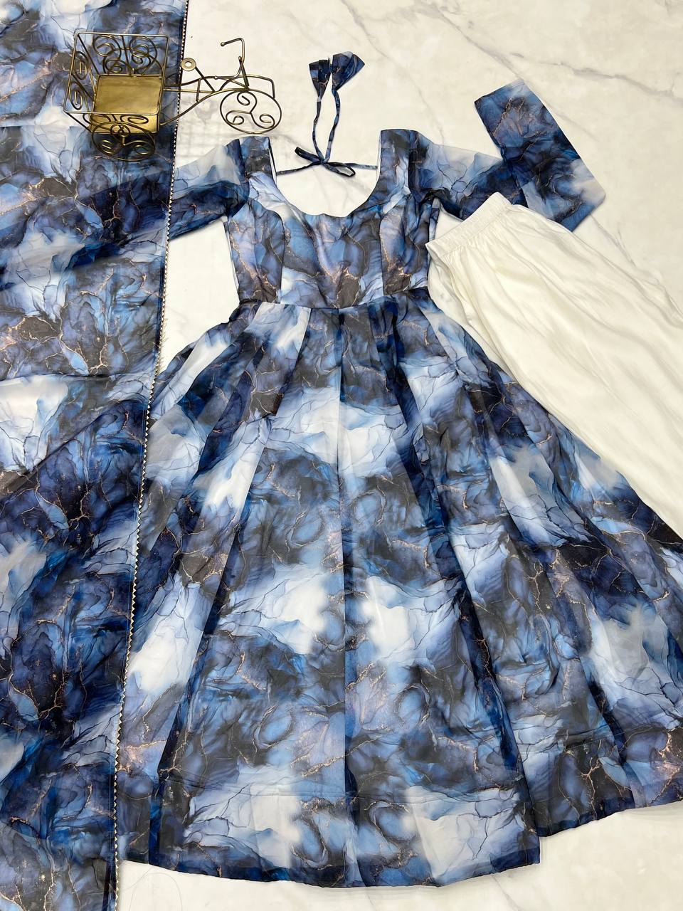 Navy Blue Designer Pure Organza Silk Marble Print Anarkali Set with Dupatta & Pant