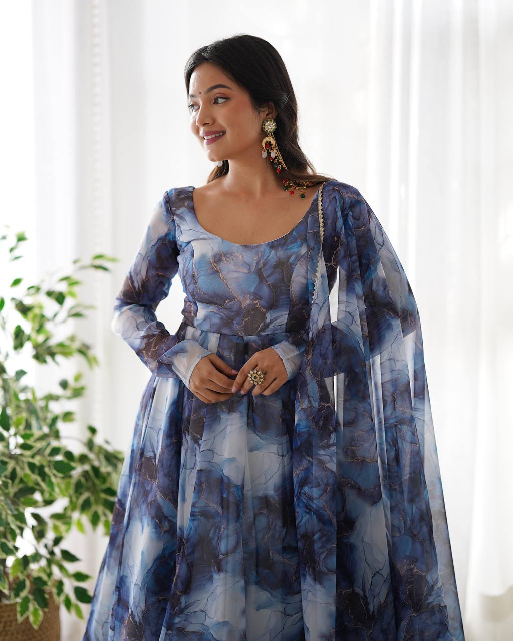 Navy Blue Designer Pure Organza Silk Marble Print Anarkali Set with Dupatta & Pant