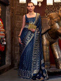 Navy Blue Elegant Pure Satin Handloom Saree with Unstitched Blouse Piece