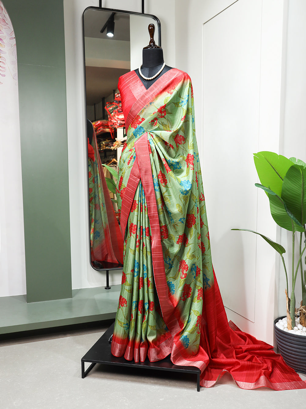 Parrot Color Digital Printed Handloom Kotha Border Saree