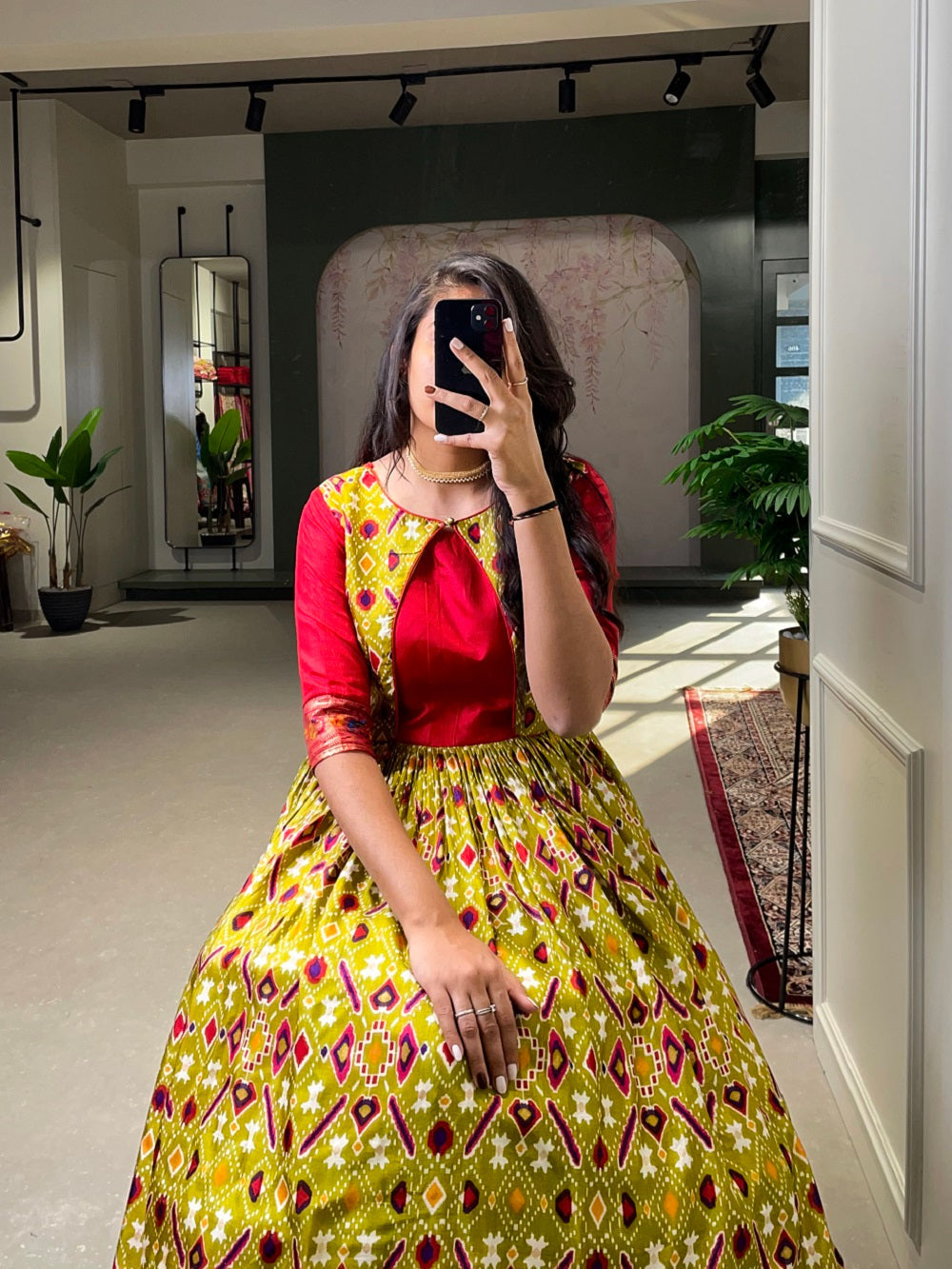 Mehendi Color Patola Paithani Printed And Foil Printed Silk Gown