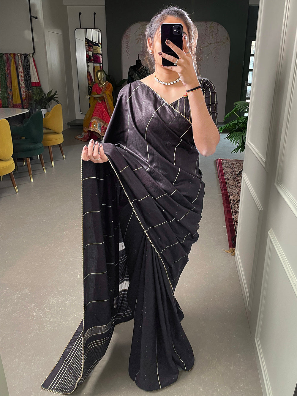 Black Sequins And Zari Work Viscose Chanderi Saree