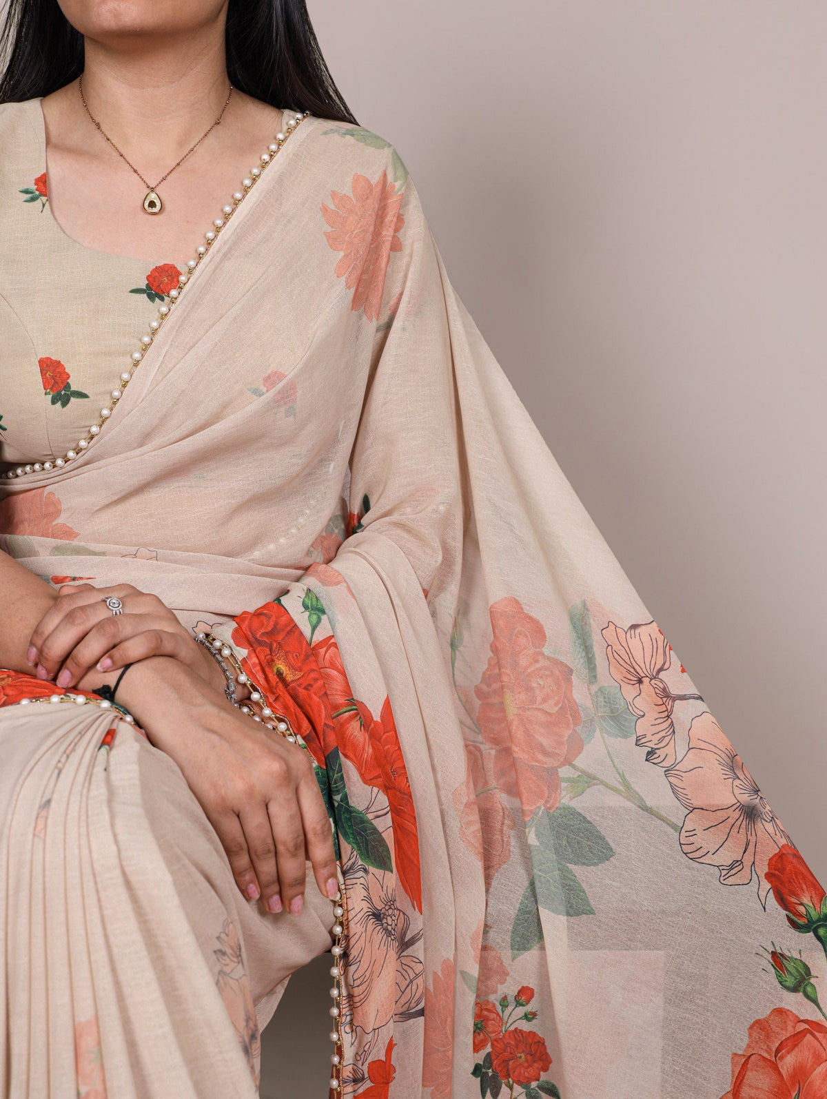Off White Floral Printed Marbal Saree