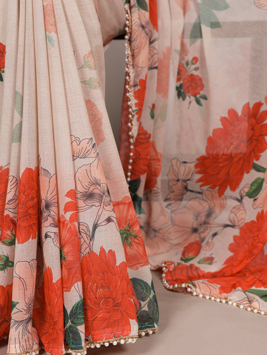 Off White Floral Printed Marbal Saree