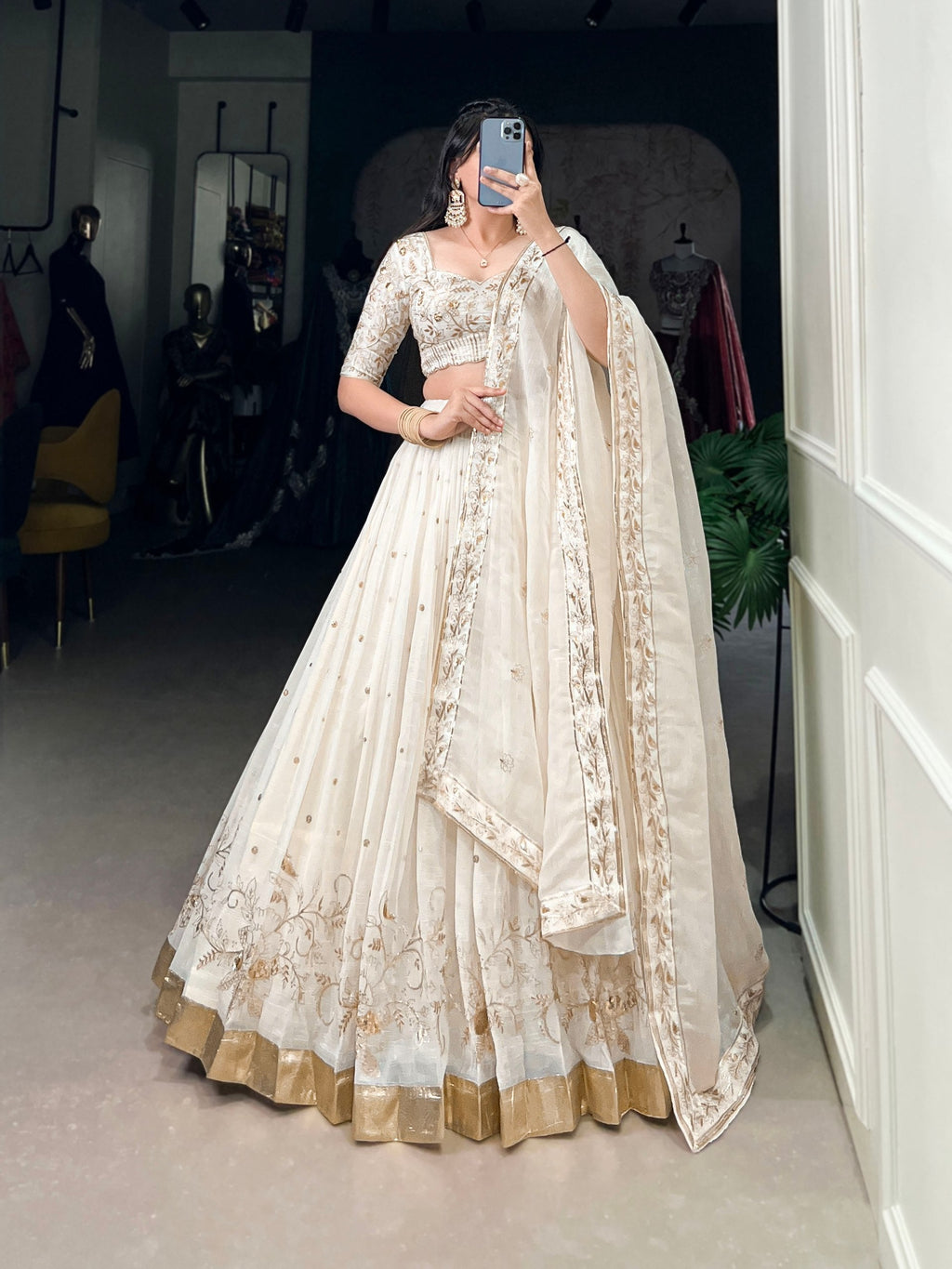 Off-White Glam Silver Glosy Lehenga Set