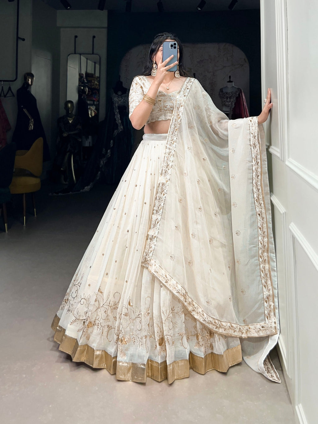Off-White Glam Silver Glosy Lehenga Set