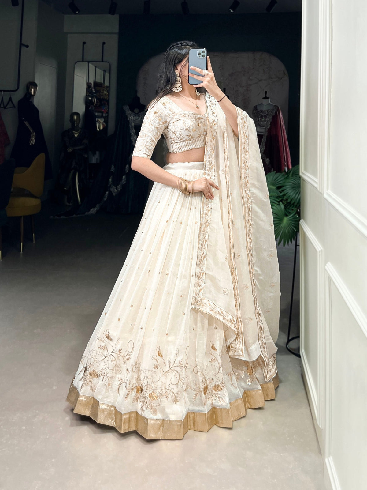 Off-White Glam Silver Glosy Lehenga Set