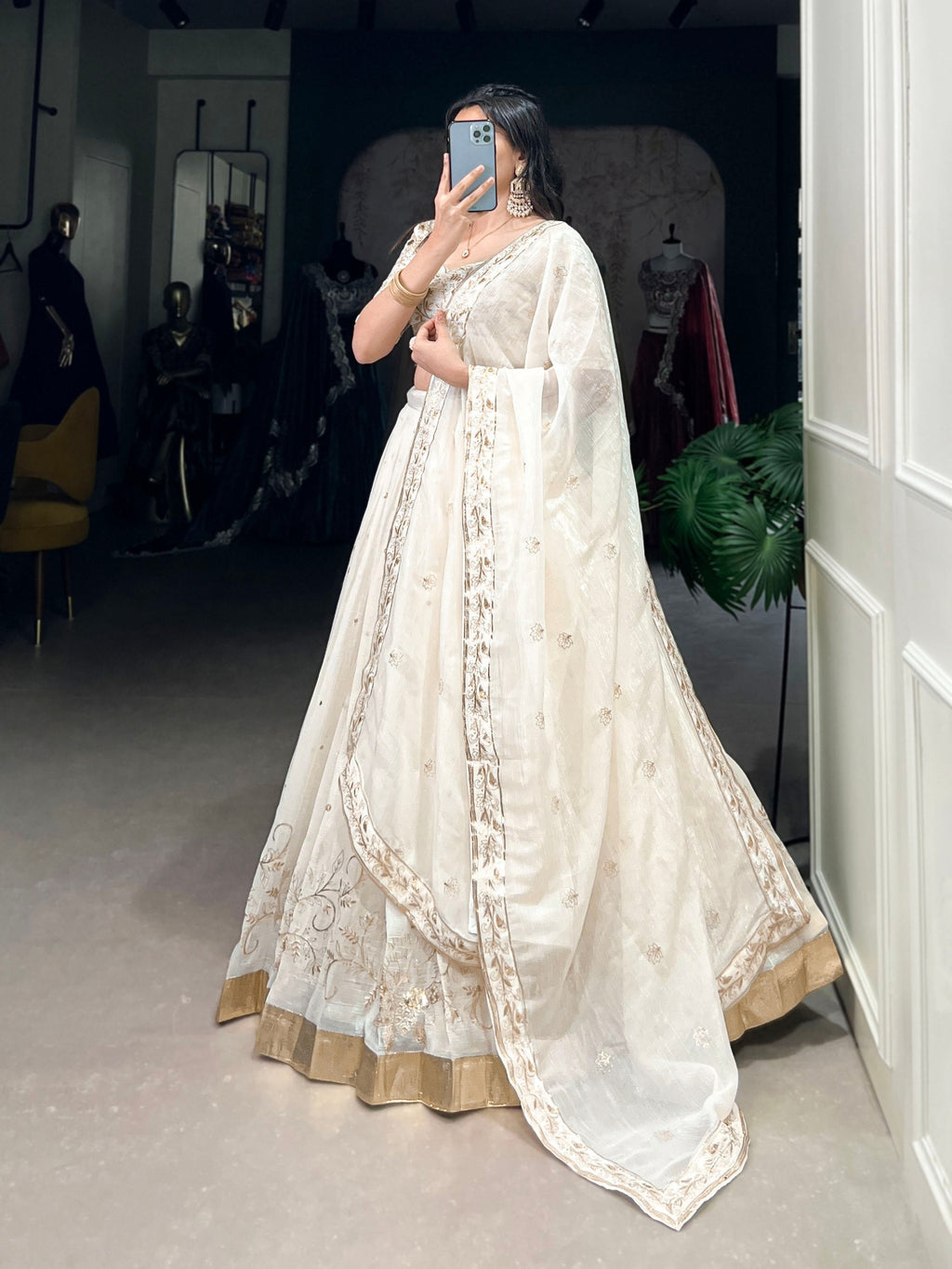 Off-White Glam Silver Glosy Lehenga Set