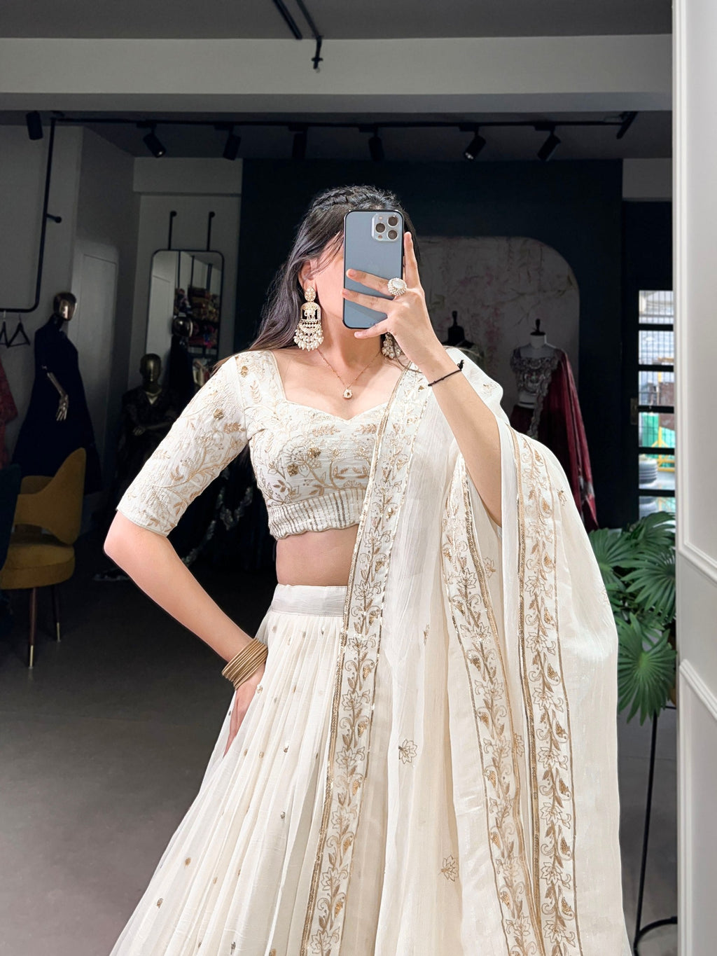 Off-White Glam Silver Glosy Lehenga Set