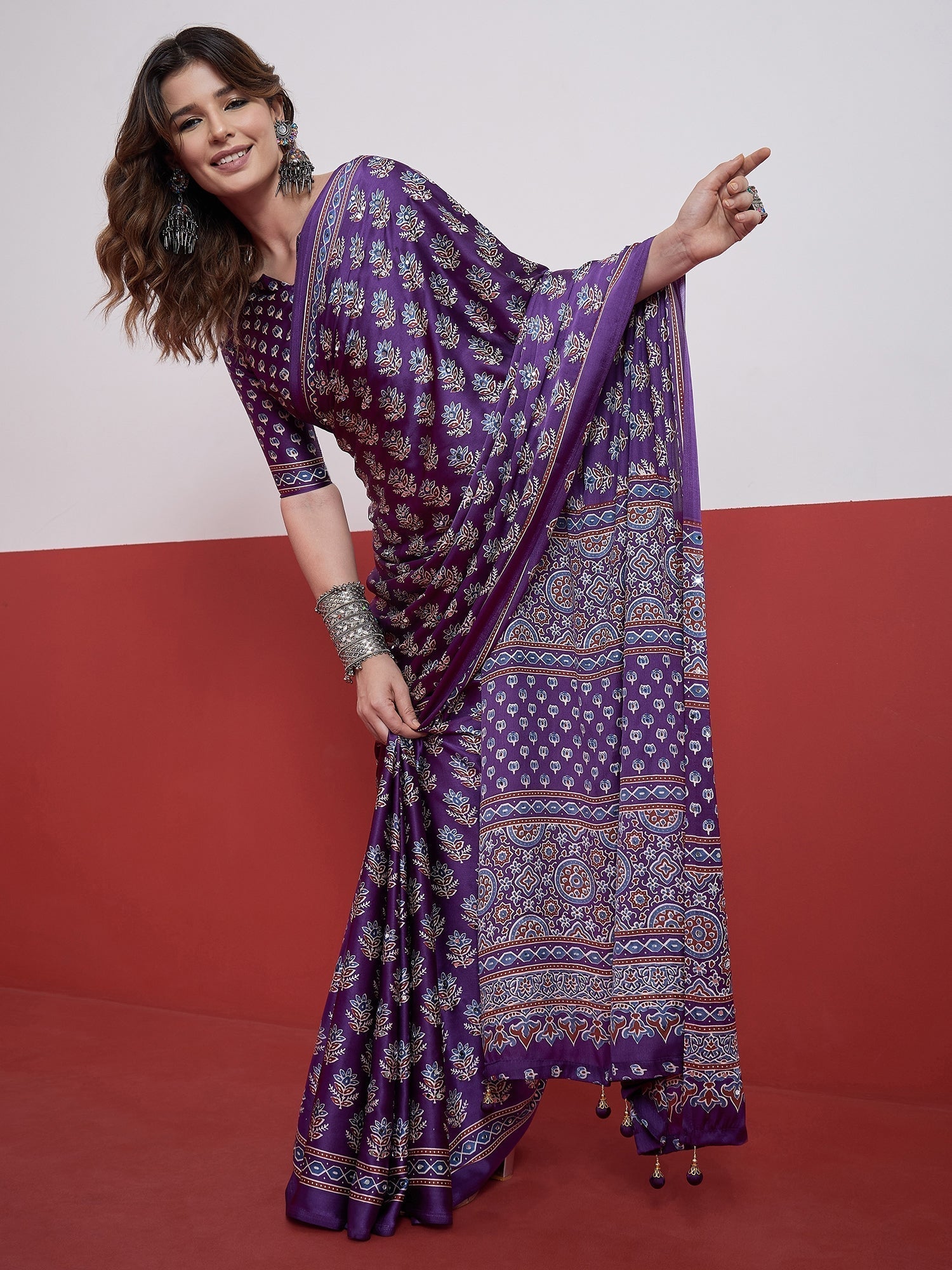 Ojasvi Mirror Work Semi Modal Saree for Wedding & Party Wear