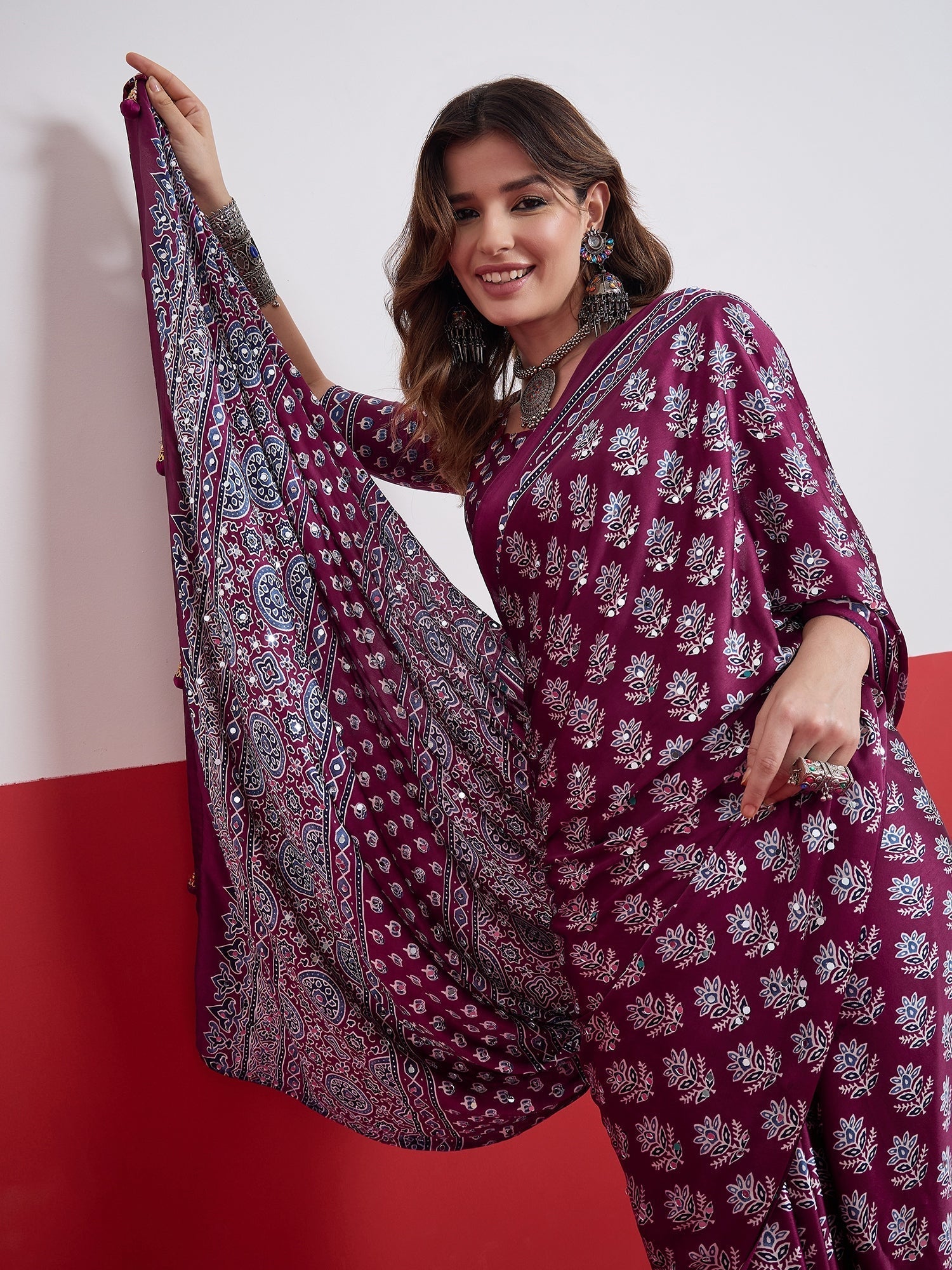 Ojasvi Mirror Work Semi Modal Saree for Wedding & Party Wear
