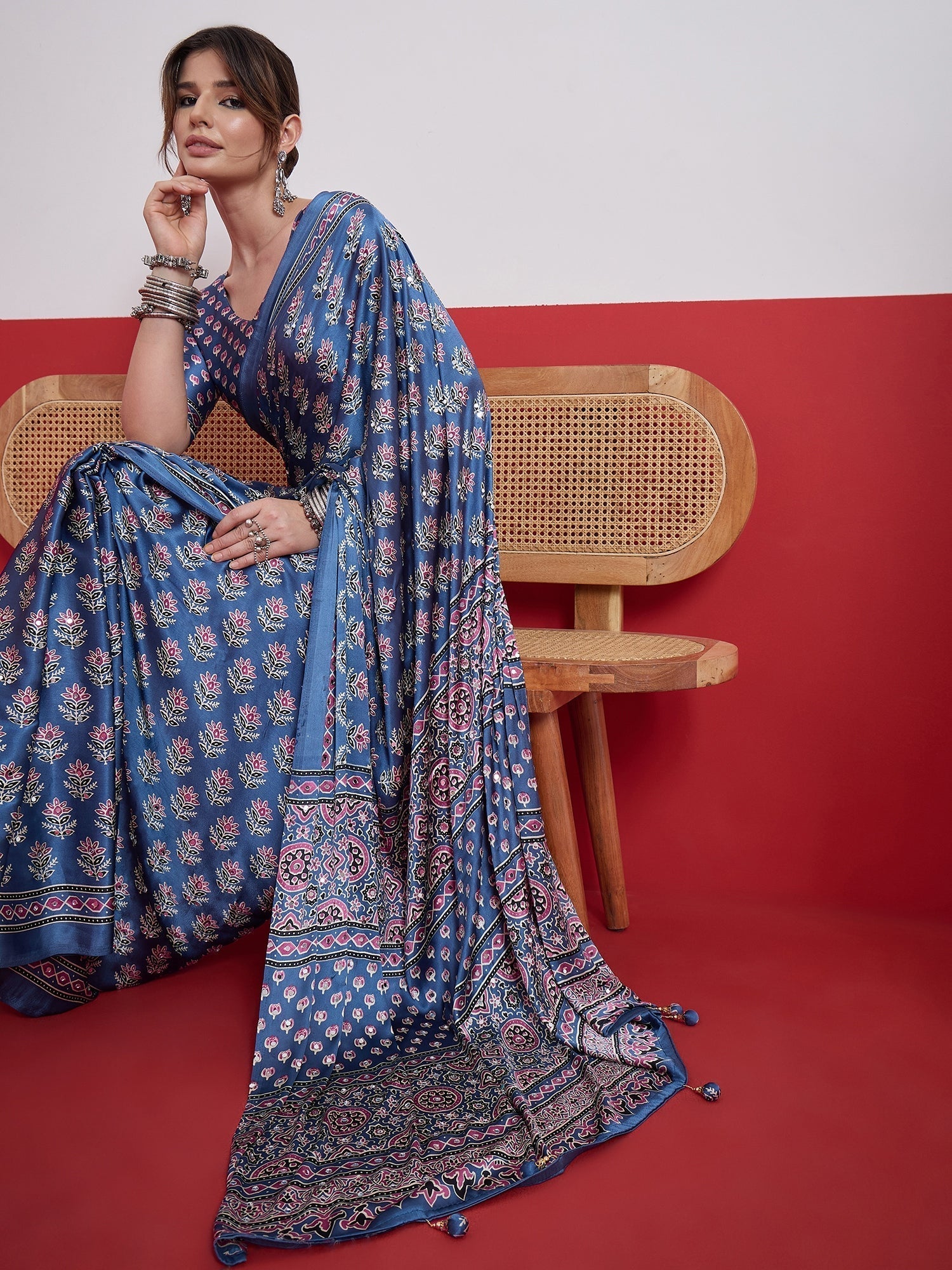 Ojasvi Mirror Work Semi Modal Saree for Wedding & Party Wear