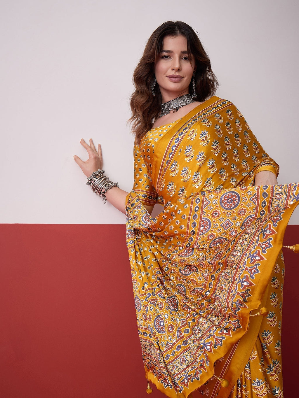 Ojasvi Mirror Work Semi Modal Saree for Wedding & Party Wear