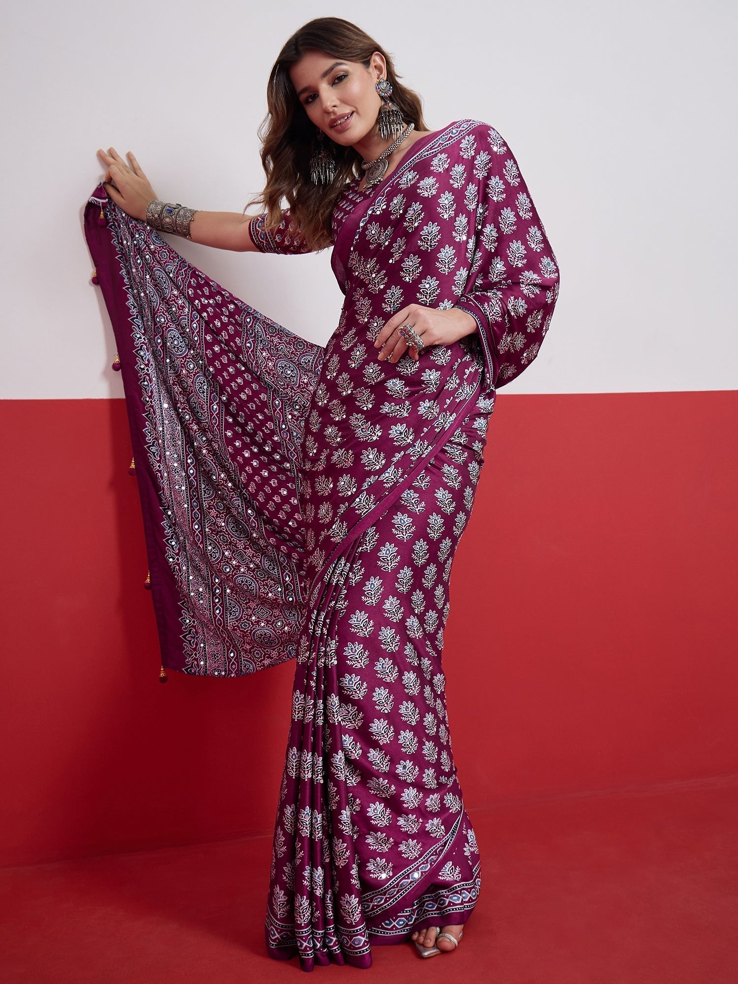 Ojasvi Mirror Work Semi Modal Saree for Wedding & Party Wear