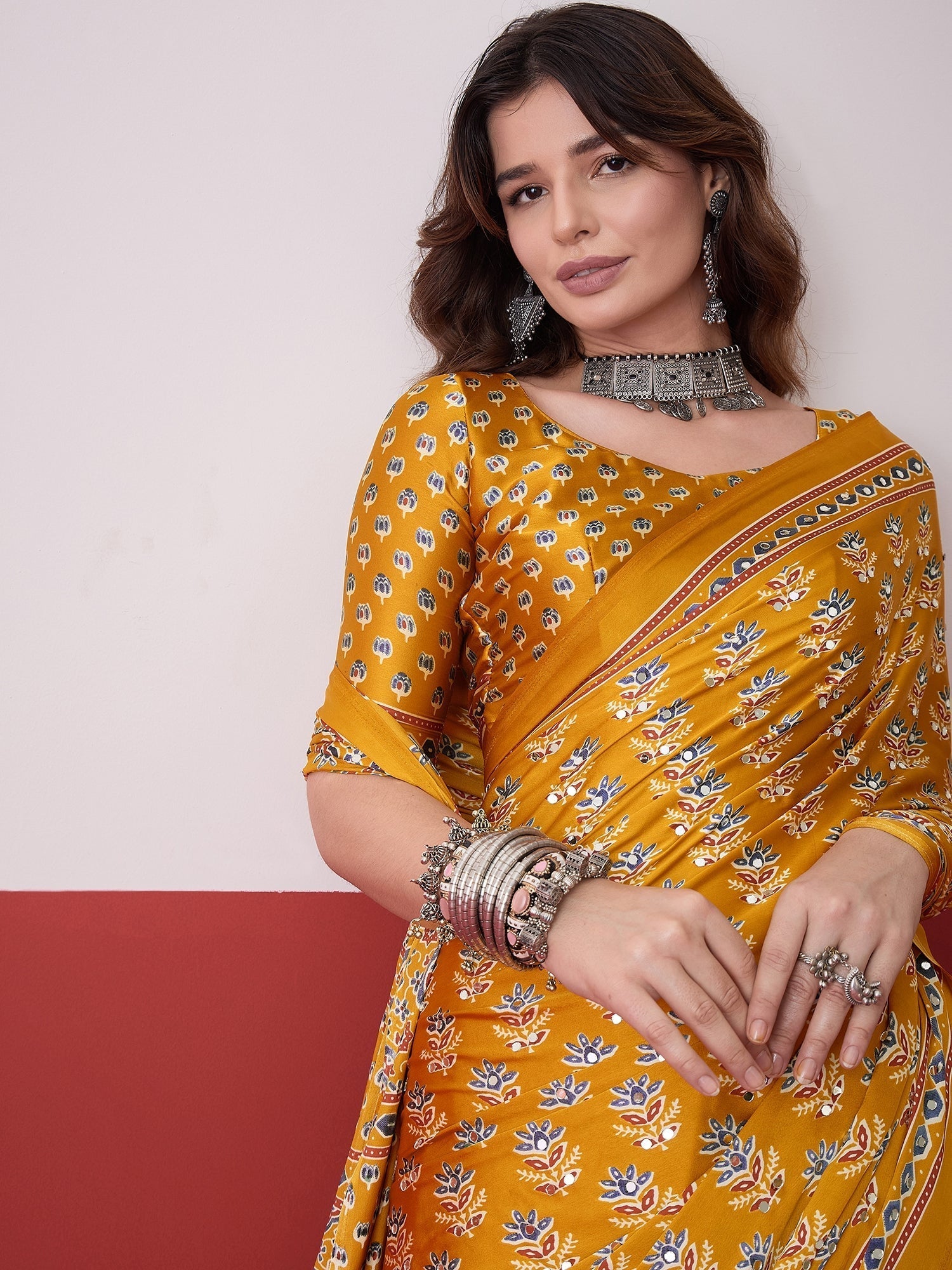 Ojasvi Mirror Work Semi Modal Saree for Wedding & Party Wear