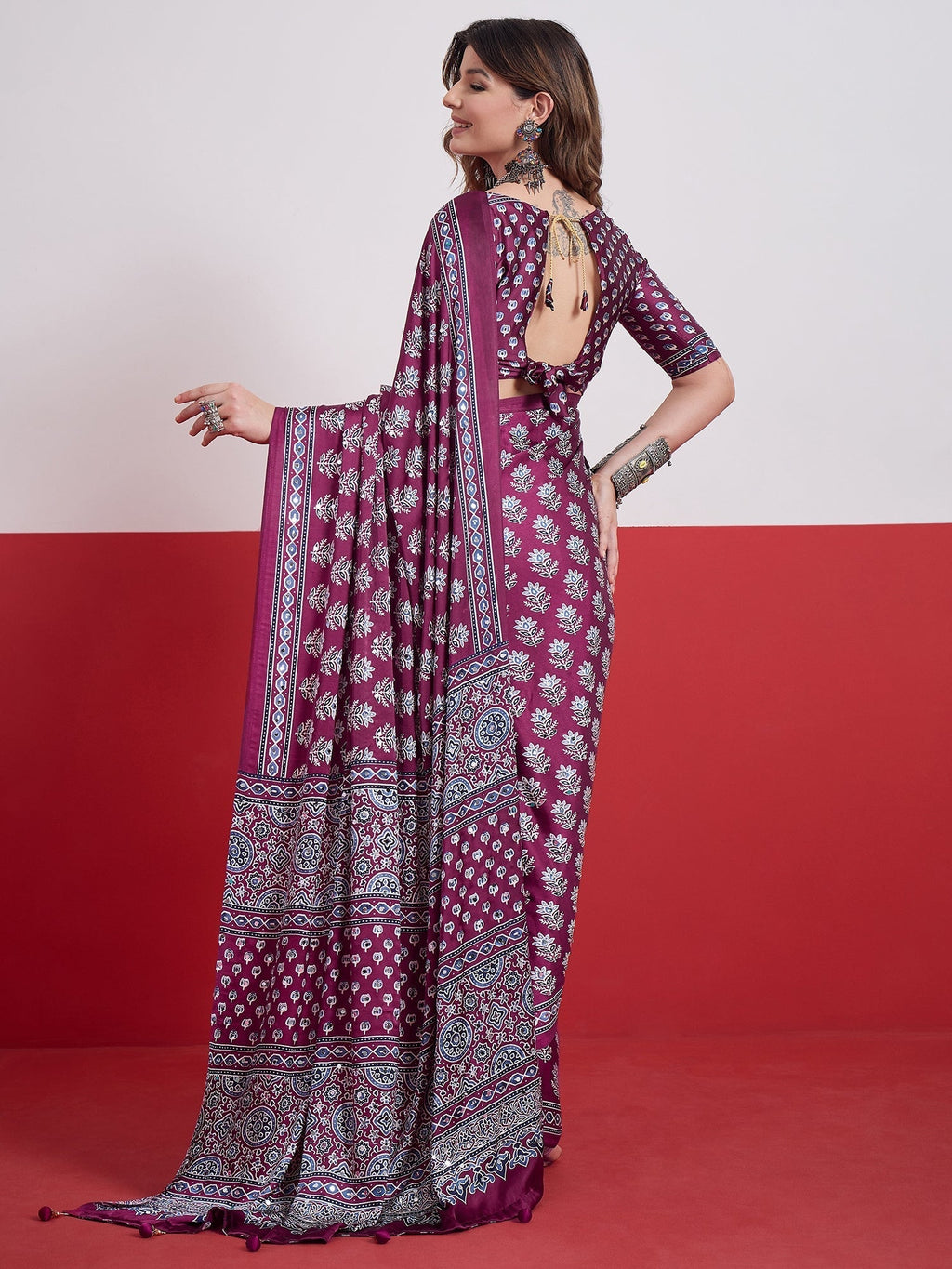 Ojasvi Mirror Work Semi Modal Saree for Wedding & Party Wear