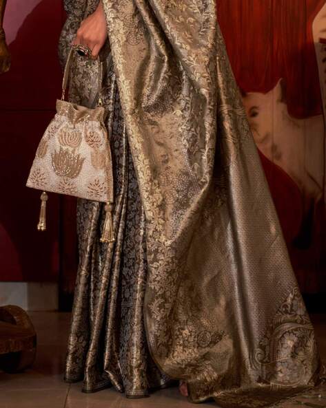 Olive Brown Stylish Party Wear Saree with Unstitched Blouse Piece