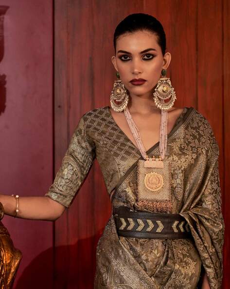 Olive Brown Stylish Party Wear Saree with Unstitched Blouse Piece