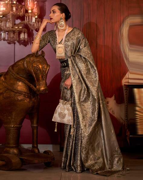 Olive Brown Stylish Party Wear Saree with Unstitched Blouse Piece