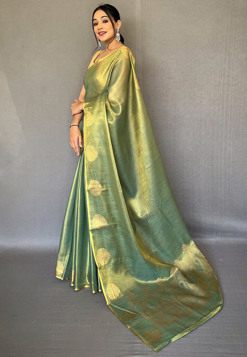Olive Green Elegant Woven Tissue Silk Saree with Gold Accents & Unstitched Blouse Piece � Party & Festive Wear
