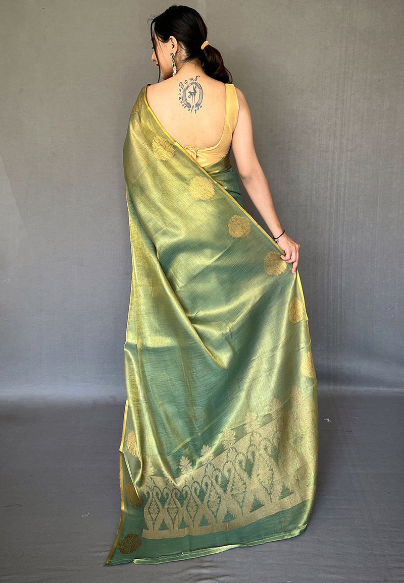 Olive Green Elegant Woven Tissue Silk Saree with Gold Accents & Unstitched Blouse Piece � Party & Festive Wear