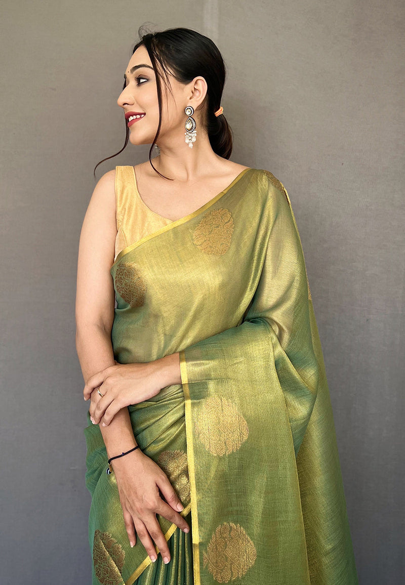 Olive Green Elegant Woven Tissue Silk Saree with Gold Accents & Unstitched Blouse Piece � Party & Festive Wear