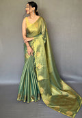 Olive Green Elegant Woven Tissue Silk Saree with Gold Accents & Unstitched Blouse Piece � Party & Festive Wear