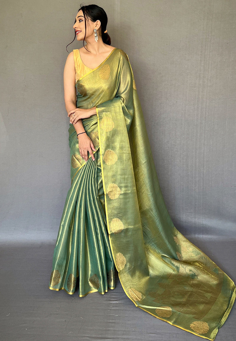 Olive Green Elegant Woven Tissue Silk Saree with Gold Accents & Unstitched Blouse Piece � Party & Festive Wear