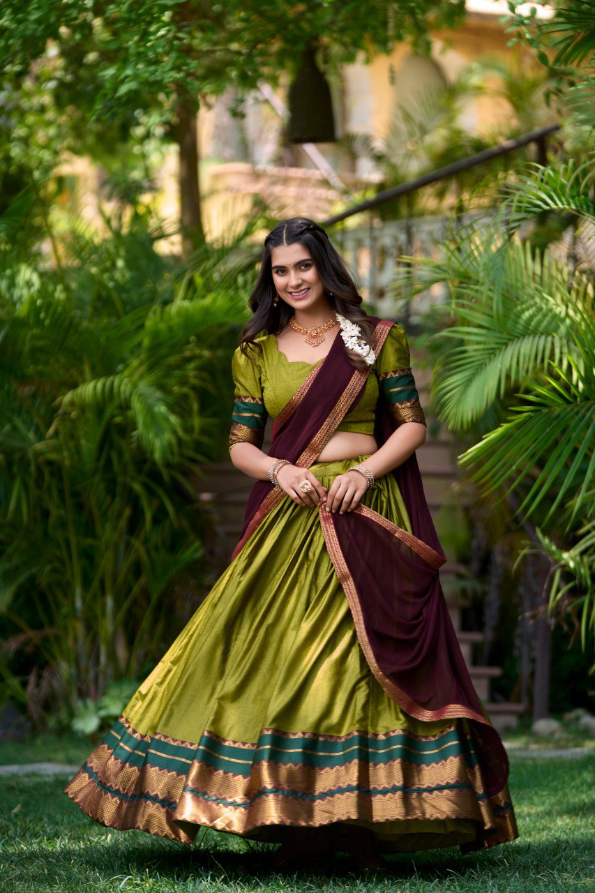 Olive Green South Style Poly Cotton Half Saree � A Timeless Blend of Tradition & Elegance