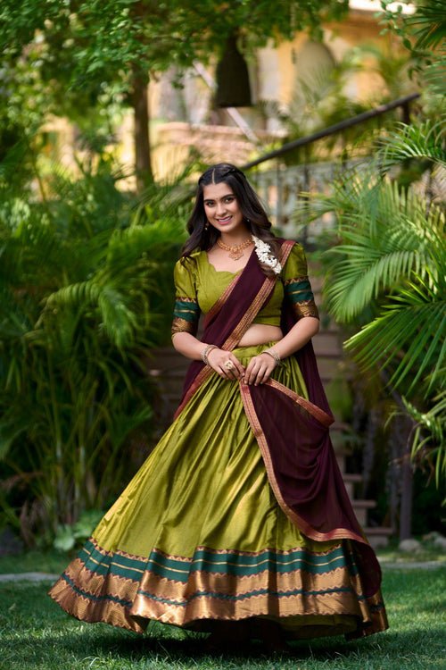 Olive Green South Style Poly Cotton Half Saree � A Timeless Blend of Tradition & Elegance