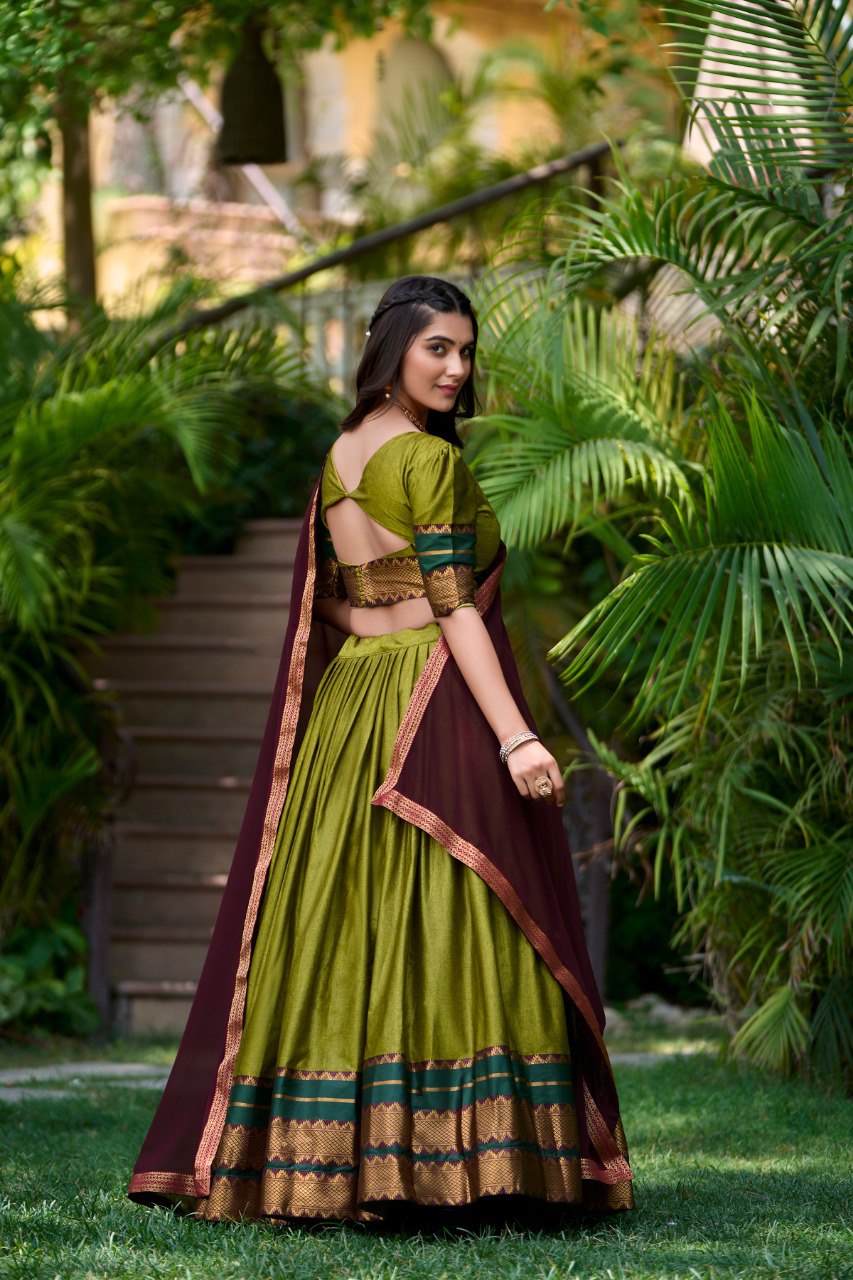 Olive Green South Style Poly Cotton Half Saree � A Timeless Blend of Tradition & Elegance