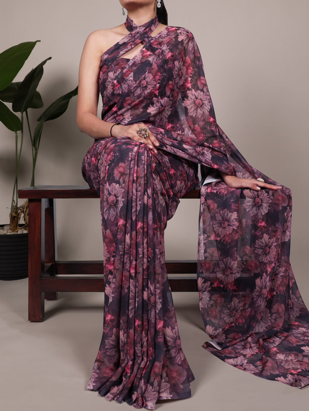 Onion Elegant Weightless Marbal Floral Print Saree with Matching Blouse � Unstitched Ensemble