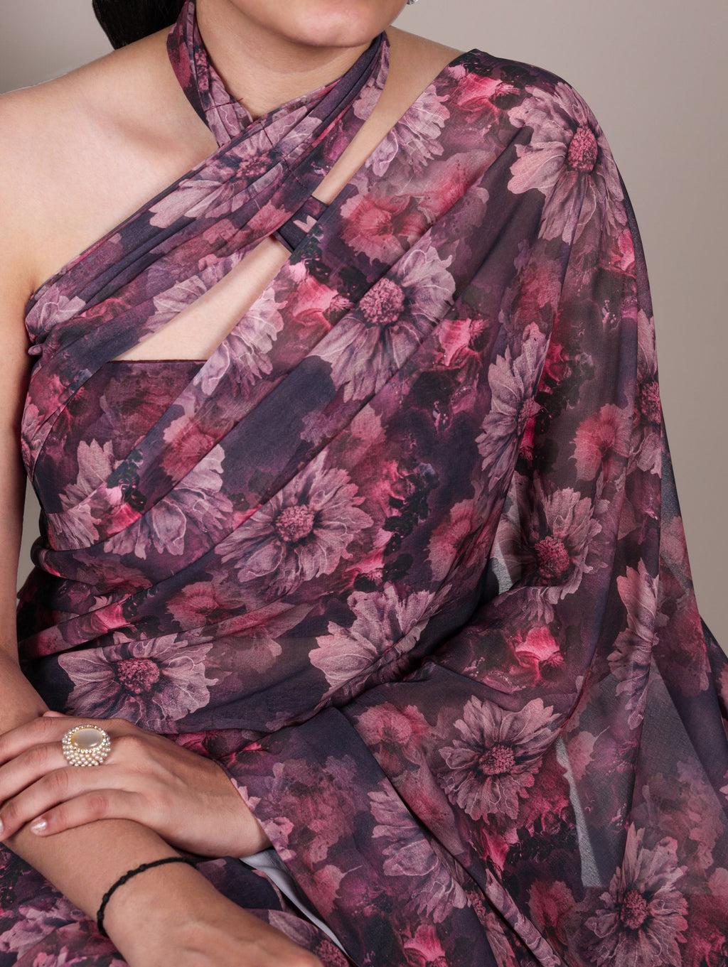 Onion Elegant Weightless Marbal Floral Print Saree with Matching Blouse � Unstitched Ensemble