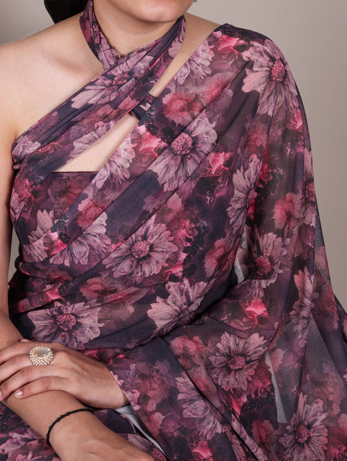 Onion Elegant Weightless Marbal Floral Print Saree with Matching Blouse � Unstitched Ensemble