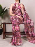 Onion Floral Printed Weightless Marble Saree with Lace Border & Matching Blouse
