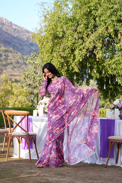 Onion Refined Beauty Weightless Marble Printed Saree with Pearl Lace Border