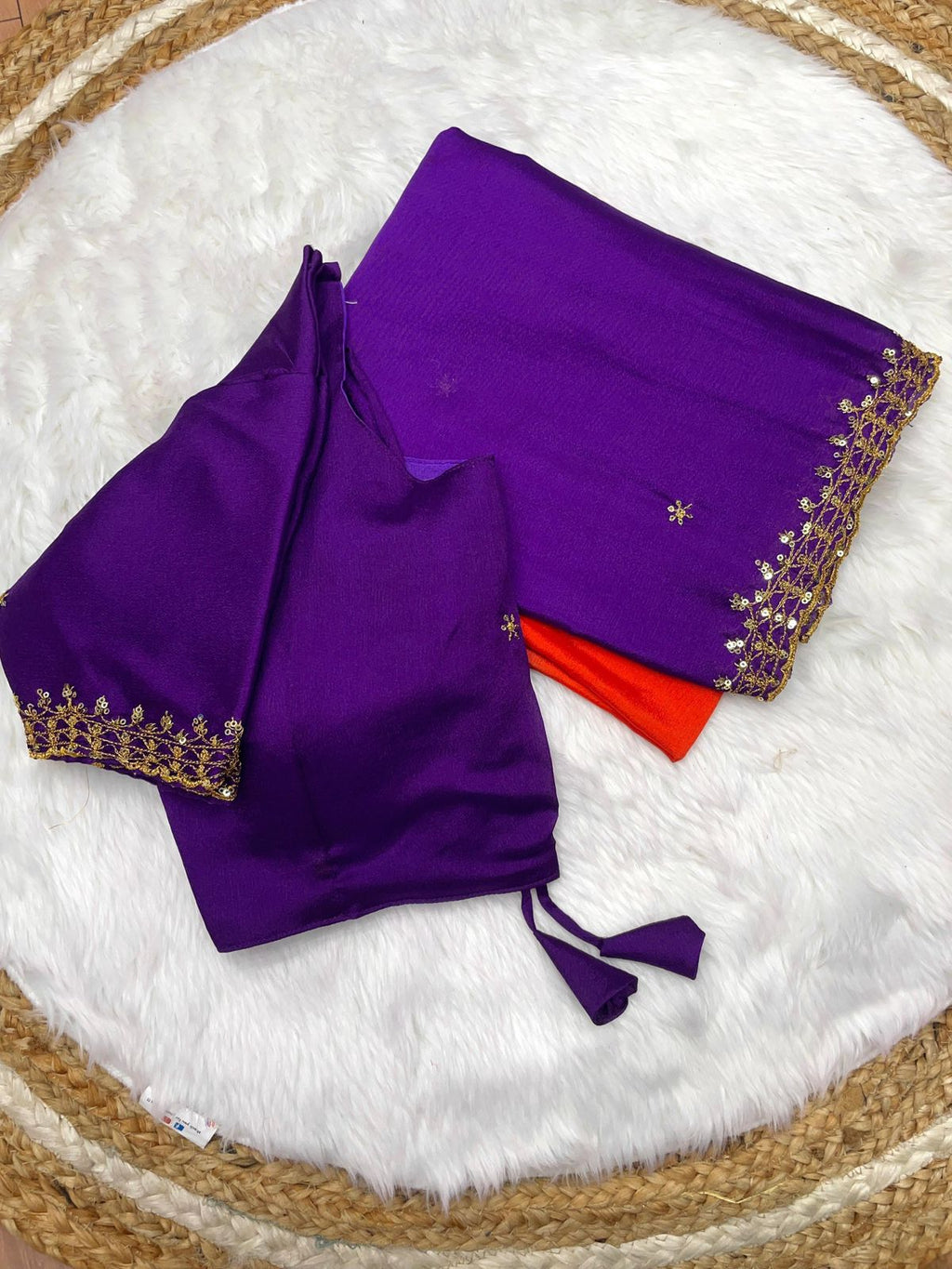 "Orange and Blue Soft Hand-Dyed Chinnon Saree with Heavy Embroidery, Sequence, and Jari Work"