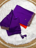 "Orange and Blue Soft Hand-Dyed Chinnon Saree with Heavy Embroidery, Sequence, and Jari Work"