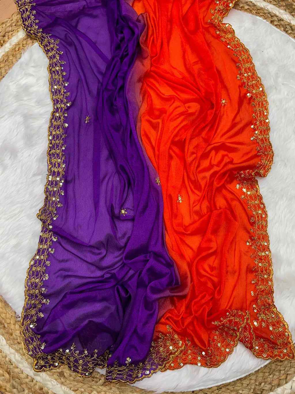 "Orange and Blue Soft Hand-Dyed Chinnon Saree with Heavy Embroidery, Sequence, and Jari Work"