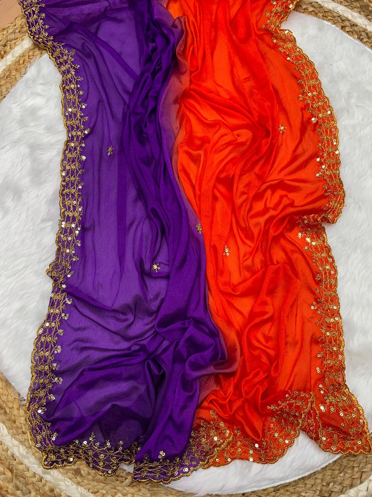 "Orange and Blue Soft Hand-Dyed Chinnon Saree with Heavy Embroidery, Sequence, and Jari Work"