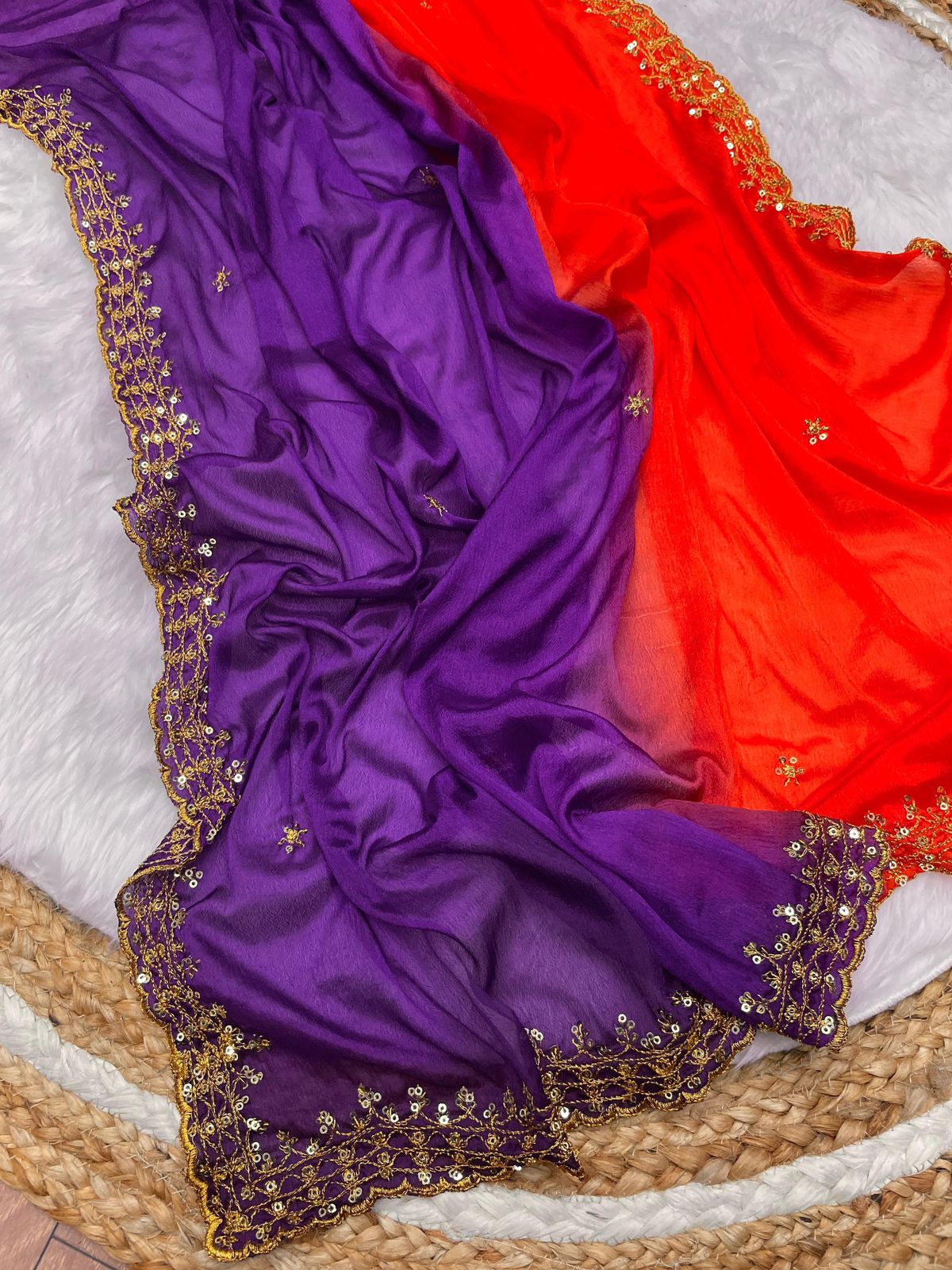 "Orange and Blue Soft Hand-Dyed Chinnon Saree with Heavy Embroidery, Sequence, and Jari Work"
