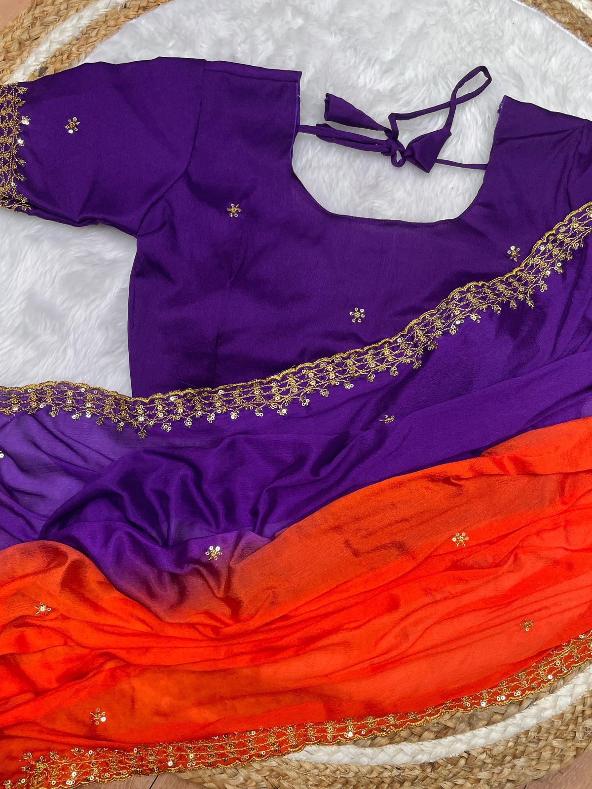 "Orange and Blue Soft Hand-Dyed Chinnon Saree with Heavy Embroidery, Sequence, and Jari Work"
