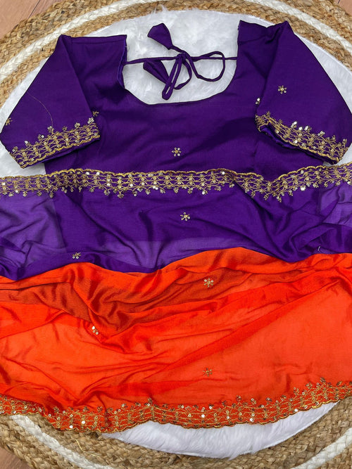 "Orange and Blue Soft Hand-Dyed Chinnon Saree with Heavy Embroidery, Sequence, and Jari Work"