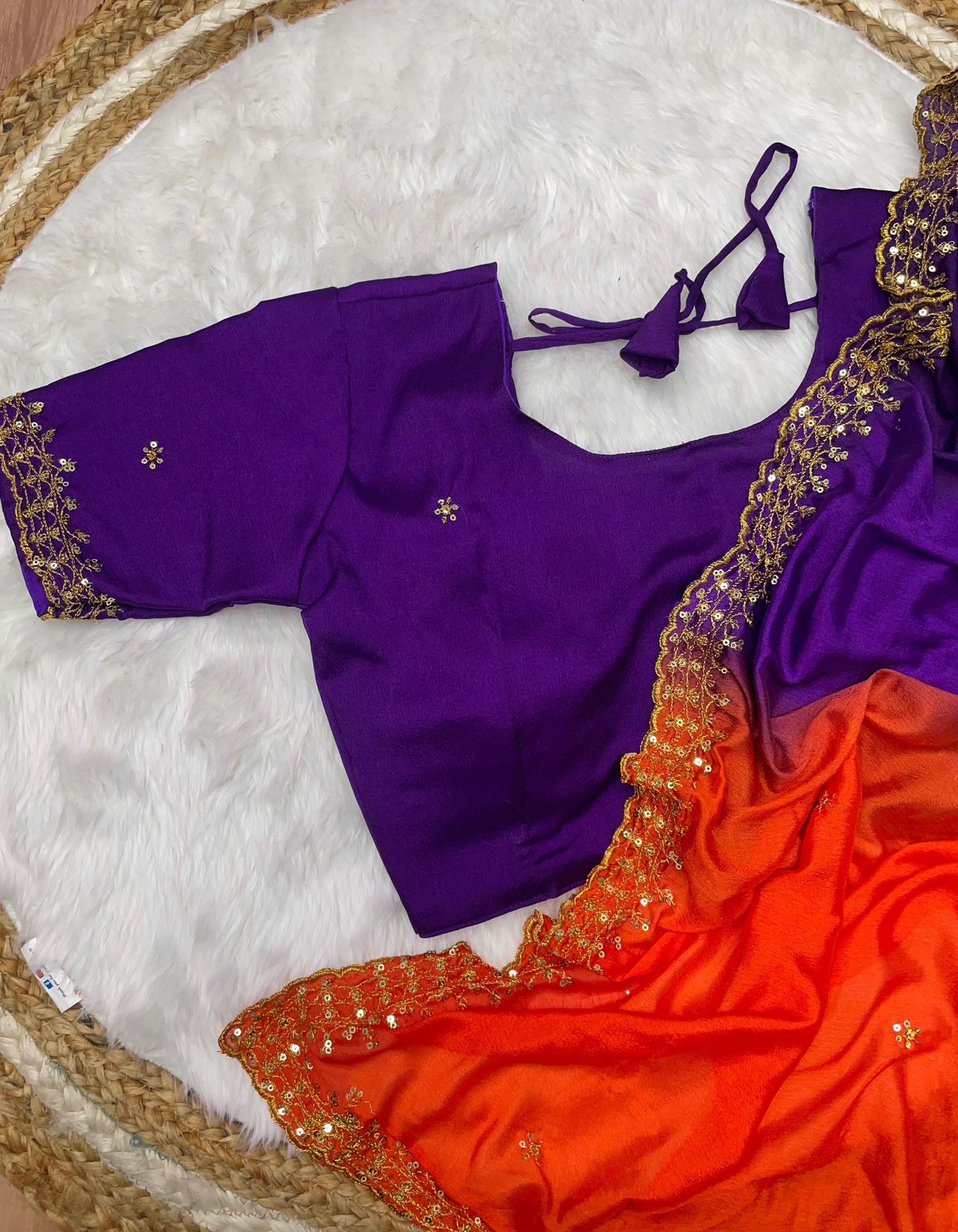 "Orange and Blue Soft Hand-Dyed Chinnon Saree with Heavy Embroidery, Sequence, and Jari Work"