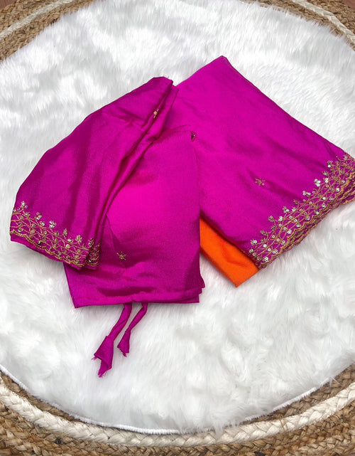 "Orange and Pink Soft Hand-Dyed Chinnon Saree with Heavy Embroidery, Sequence, and Jari Work"
