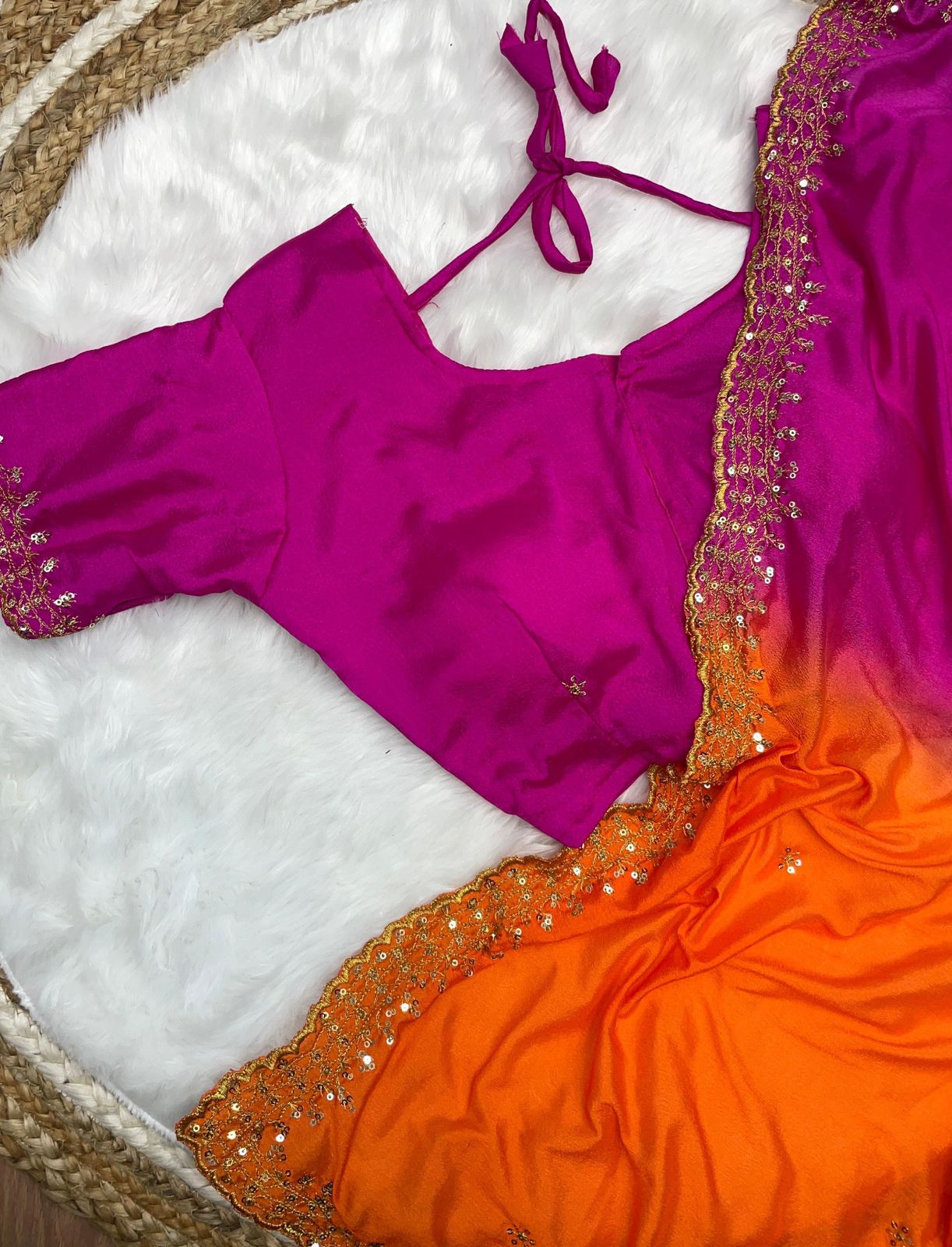 "Orange and Pink Soft Hand-Dyed Chinnon Saree with Heavy Embroidery, Sequence, and Jari Work"
