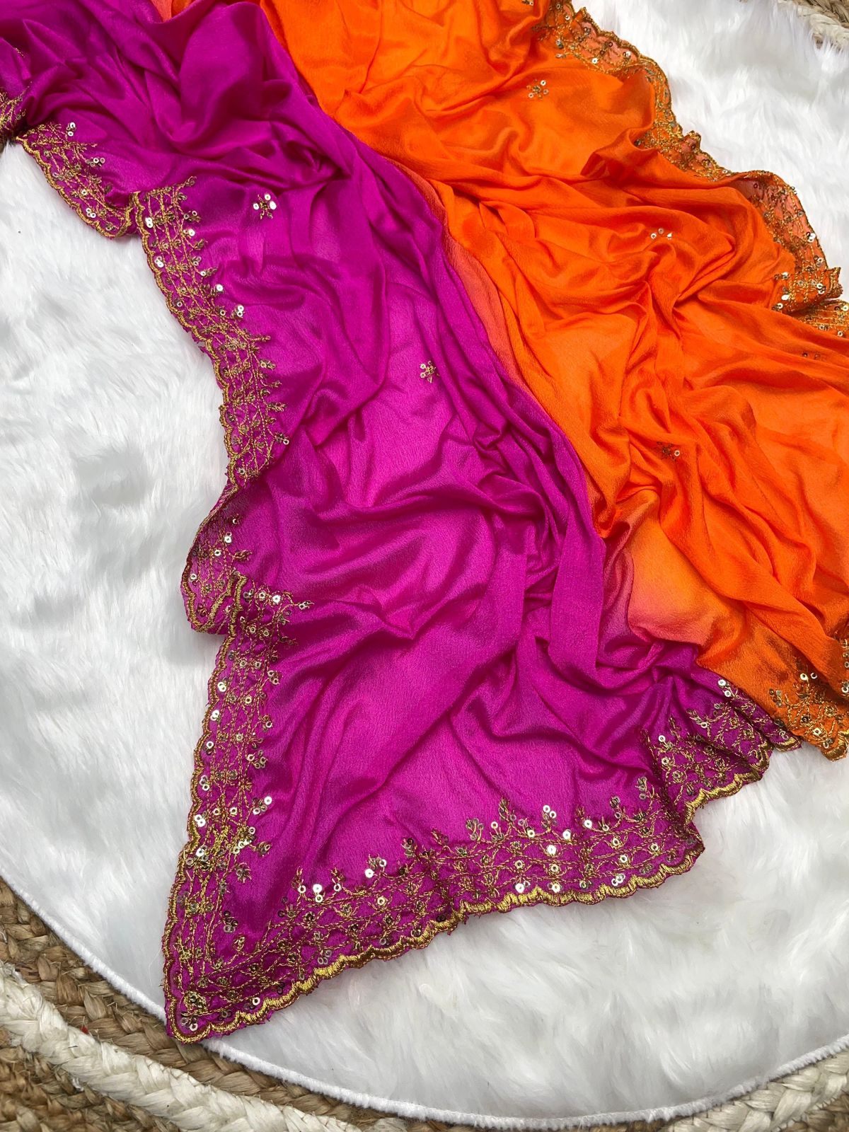 "Orange and Pink Soft Hand-Dyed Chinnon Saree with Heavy Embroidery, Sequence, and Jari Work"